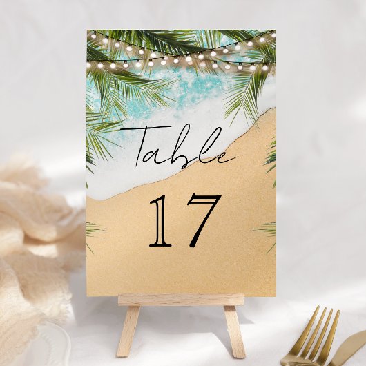 Tropical Beach Palm String Lights Wedding Kaart