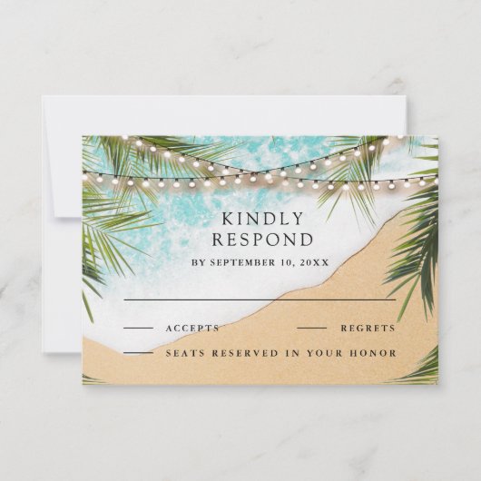 Tropical Beach Palm String Lights Wedding RSVP Kaartje (Voorkant)