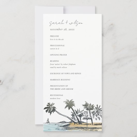 Tropical Beach Palm Tree Sketch Wedding Programme (Devant)