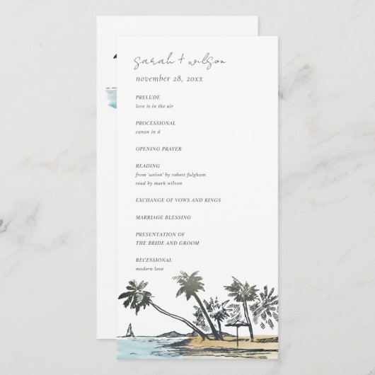 Tropical Beach Palm Tree Sketch Wedding Programme (Devant / Derrière)
