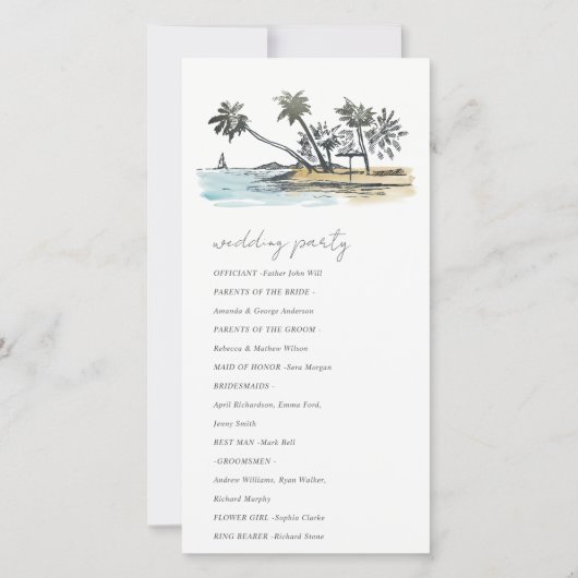 Tropical Beach Palm Tree Sketch Wedding Programme (Dos)