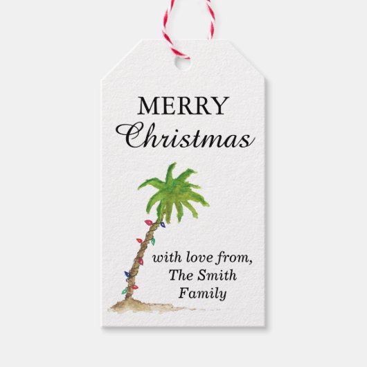 Tropical Beach Palm Tree Waterverf Kerstkunst Cadeaulabel (Voorkant)