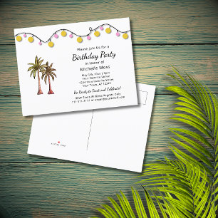 Tropical Beach Palm Trees String Lights Verjaardag Uitnodiging Briefkaart