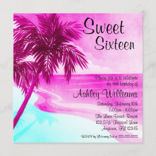 Tropical Beach Pink Sweet 16 Invitations Anniversa