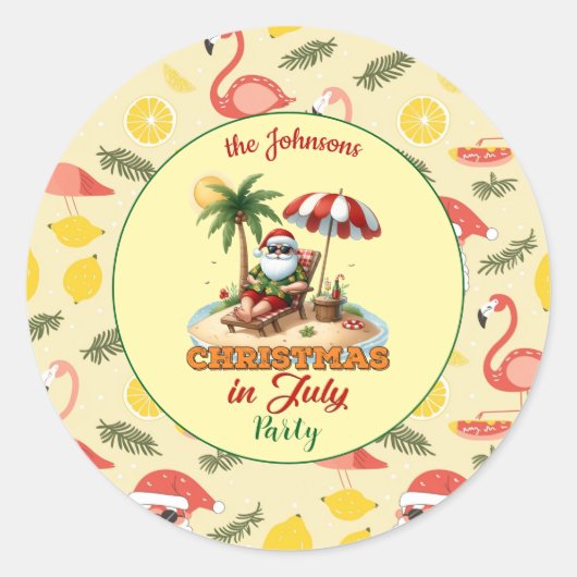Tropical Beach & Santa Christmas in het feest van Ronde Sticker (Voorkant)