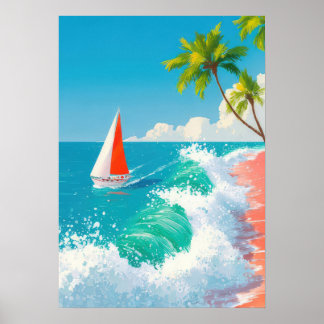 tropical beach scene with sailboat and waves poster