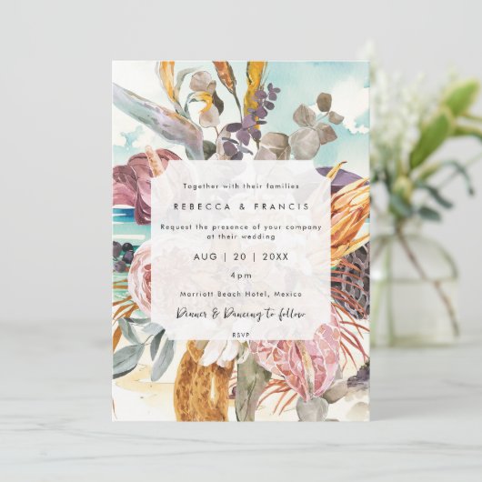 Tropical Beach sinaasappel Bloemen Bruiloft uitnod Kaart (Staand voorkant)