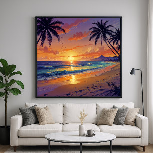 Tropical Beach Sunset - Illustratie Stijl Kunst Poster