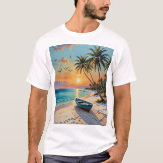 Tropical Beach Sunset Palm Tree Paradise Art T-shi T-shirt