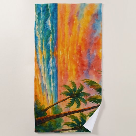 Tropical Beach Sunset Waterverf Strandlaken (Voorkant)