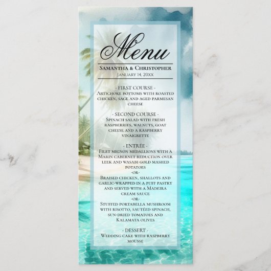 Tropical Beach Watercolor Elegant Coastal Wedding Menu (Voorkant)