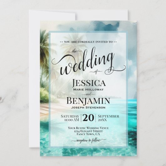 Tropical Beach Watercolor Stylish Script Wedding Kaart (Voorkant)