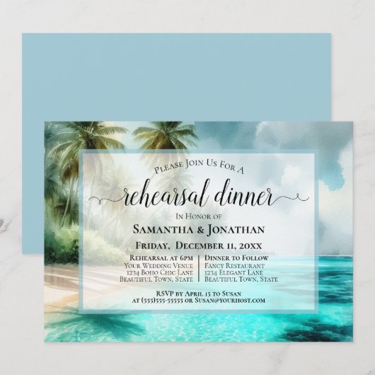 Tropical Beach Watercolor Wedding Rehearsal Dinner Kaart (Voorkant / Achterkant)