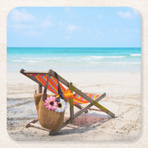 Tropical Beaches   Beach Chair on Sand Vierkante Kartonnen Onderzetter