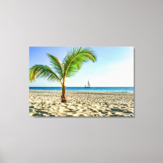 Tropical Beaches Sailboat, Palm Tree, Aruba Canvas Afdruk (Voorkant)