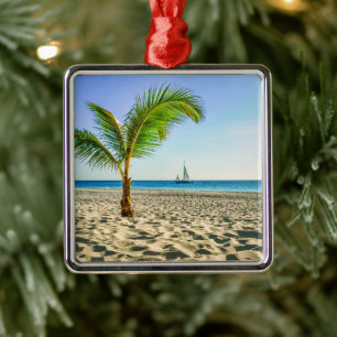Tropical Beaches Sailboat, Palm Tree, Aruba Metalen Ornament