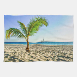 Tropical Beaches Sailboat, Palm Tree, Aruba Theedoek