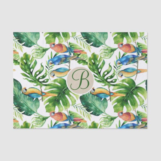 Tropical Birds verlaat Chic Monogram Letter Initia Tissuepapier (Voorkant)