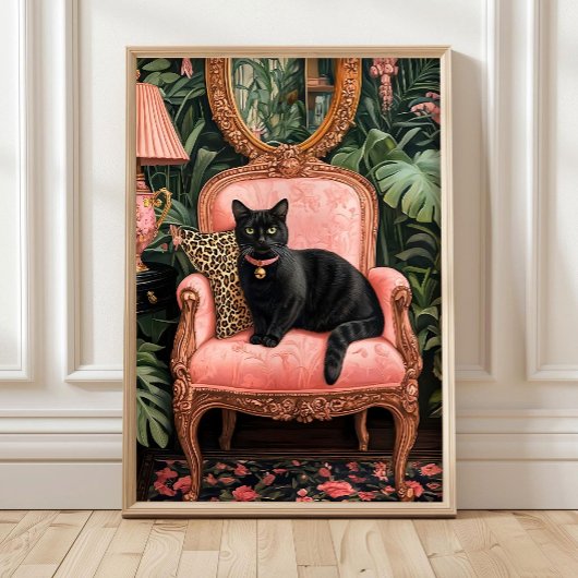 Tropical Black Cat on Sofa Poster Print, Funny Bla