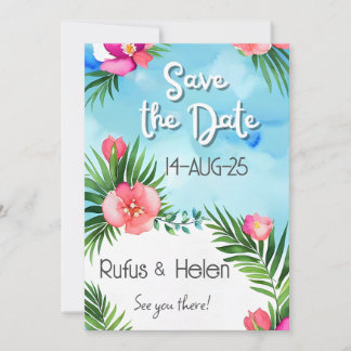 Tropical Blooms Summer Beach Wedding Save the Date Kaart