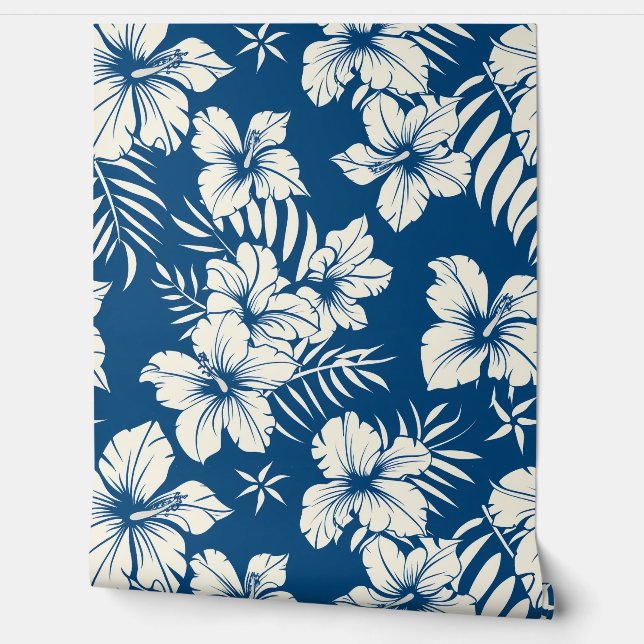 Tropical Blue and White Floral Behang (Afrollen)