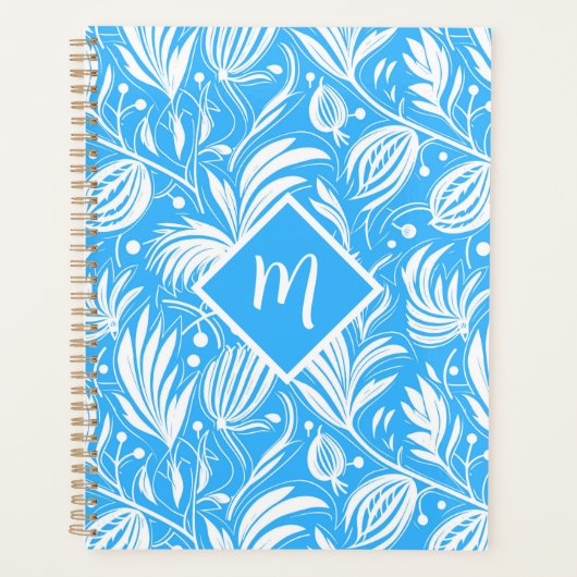 Tropical Blue Floral Pattern Diamond Monogramme (Devant)