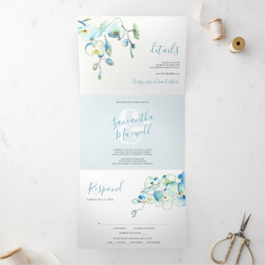 Tropical Blue Orchid Tripli Faire-part de mariage (Intérieur)