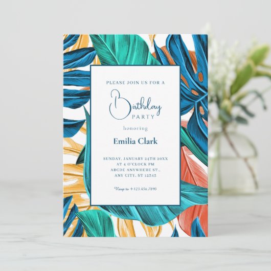 Tropical Blue yelllow leaves birthday Kaart (Staand voorkant)