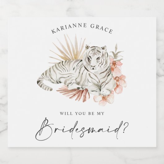 Tropical Boho Tigers zal je mijn bruidsmeisje zijn Sparkling Wijnetiket (Enkel label)
