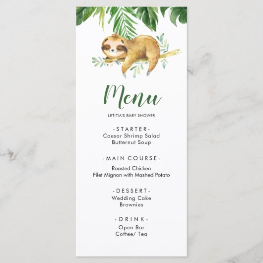 Tropical Boy Sloth Baby shower Menu (Voorkant)