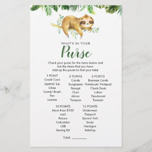 Tropical Boy Sloth Baby shower Purse Game