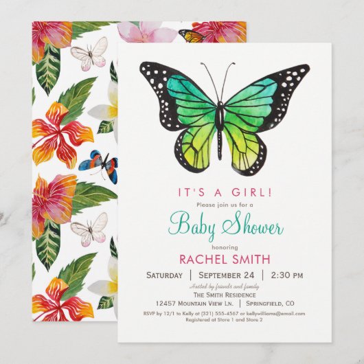 Tropical Butterfly Girl Baby shower Uitnodiging (Voorkant / Achterkant)