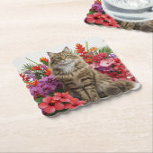 Tropical Cat Scalloped Square Onderzetter Design. (Gebogen)