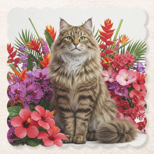 Tropical Cat Scalloped Square Onderzetter Design. (Voorkant)