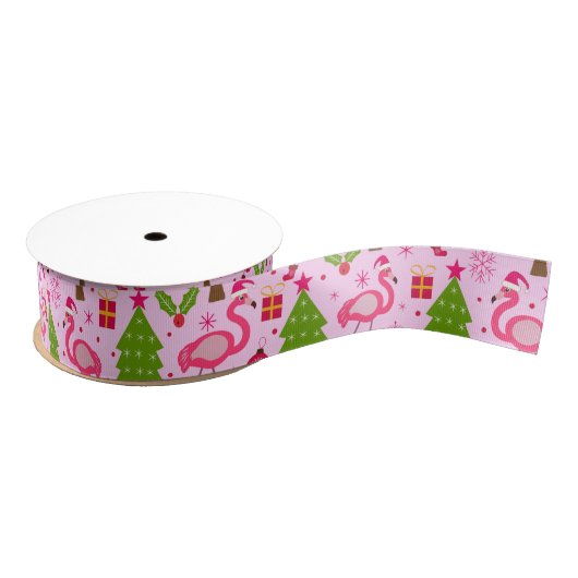 Tropical Christmas Flamingo With Pine Tree on Pink Grosgrain Lint (Spoel)