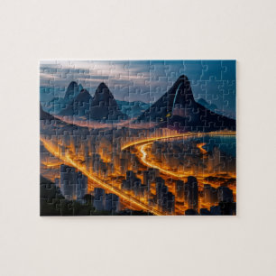 Tropical City Skyline Night Beach en bergen Legpuzzel