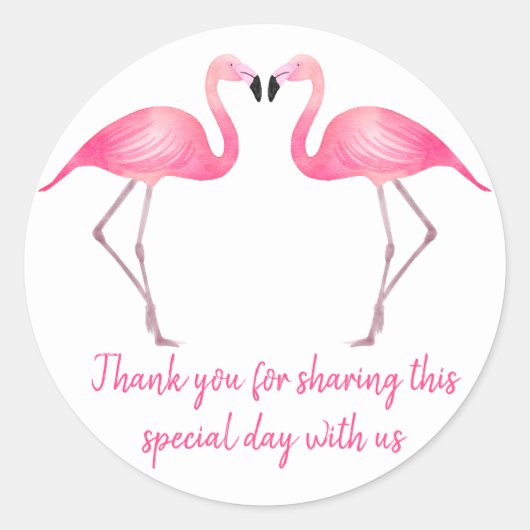 Tropical dank u roze flamingo bruiloft ronde sticker (Voorkant)