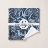 Tropical Dark Blue Palm Feuilles Nom du monogramme (Gant de toilette)