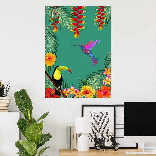 Tropical Delight hummingbird toucan flowers Poster (Thuiskantoor)