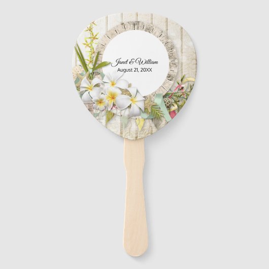 Tropical Faux Wood and Floral Wedding Program Handwaaier (Achterkant)
