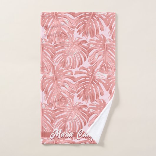 Tropical Feminine Pink Jungle Feuilles Nom (Serviette à main)