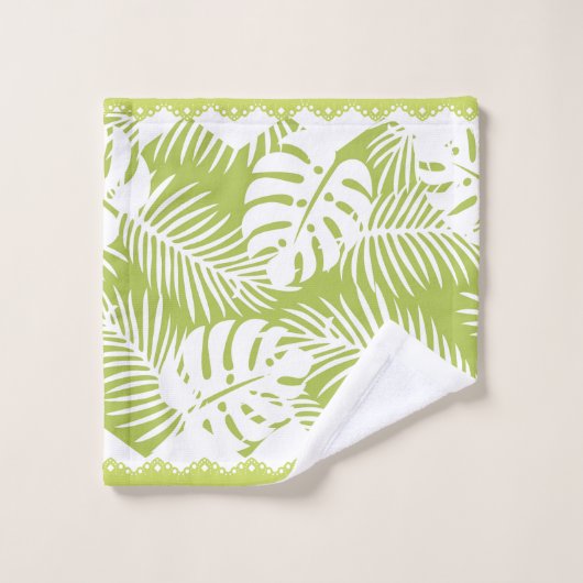 Tropical Feuille Vert Blanc Fancy Trim (Gant de toilette)