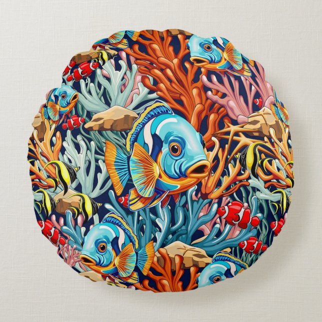 Tropical Fish Colorful Summer Vibes Rond Kussen (Voorkant)