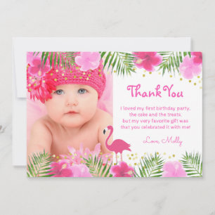 Tropical Flamingo Palm Branches Luau Birthday Girl Bedankkaart