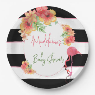 Tropical Flamingo Roze Zwart Streep Baby shower Papieren Bordje