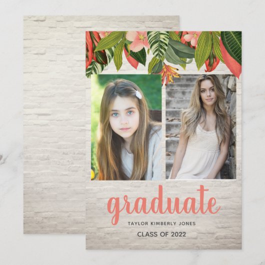 Tropical Floral Brick Graduation Photo Invitation (Devant / Derrière)