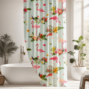 Tropical Floral Flamants roses rose rideau de douc