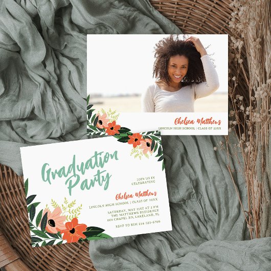 Tropical Floral Graduation Photo Invitation