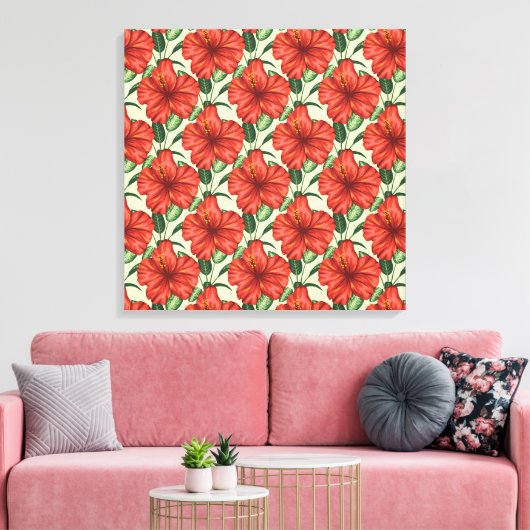 Tropical floral seamless pattern red flowers canvas afdruk (Insitu (Woonkamer))