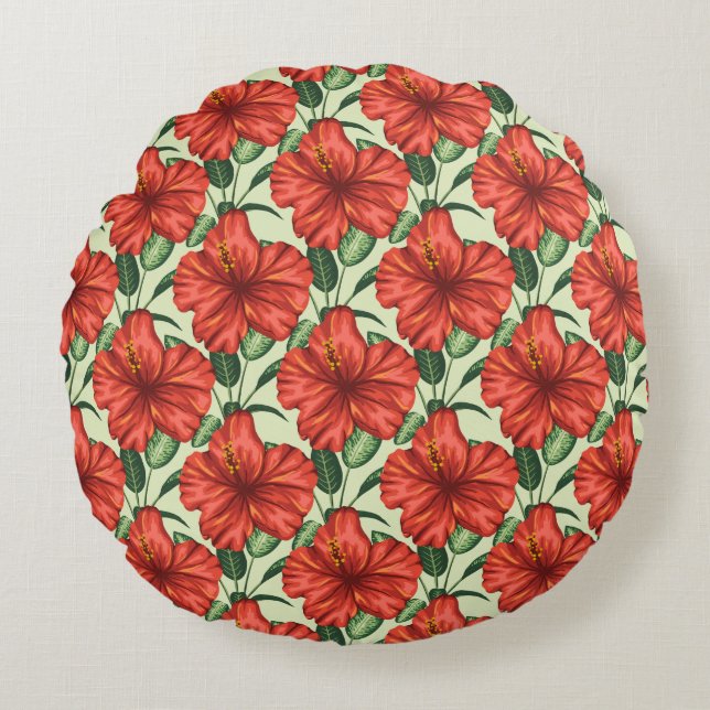 Tropical floral seamless pattern red flowers rond kussen (Voorkant)